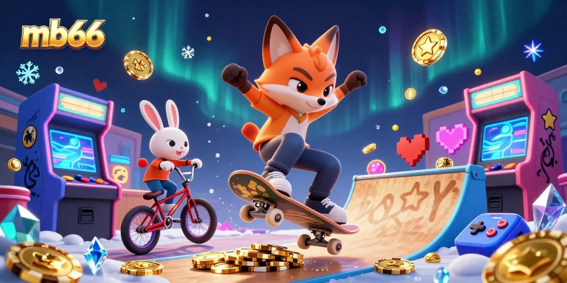 mb66 trải nghiệm cá cược sôi động với linh vật hoạt hình, máy arcade và tiền xu lấp lánh