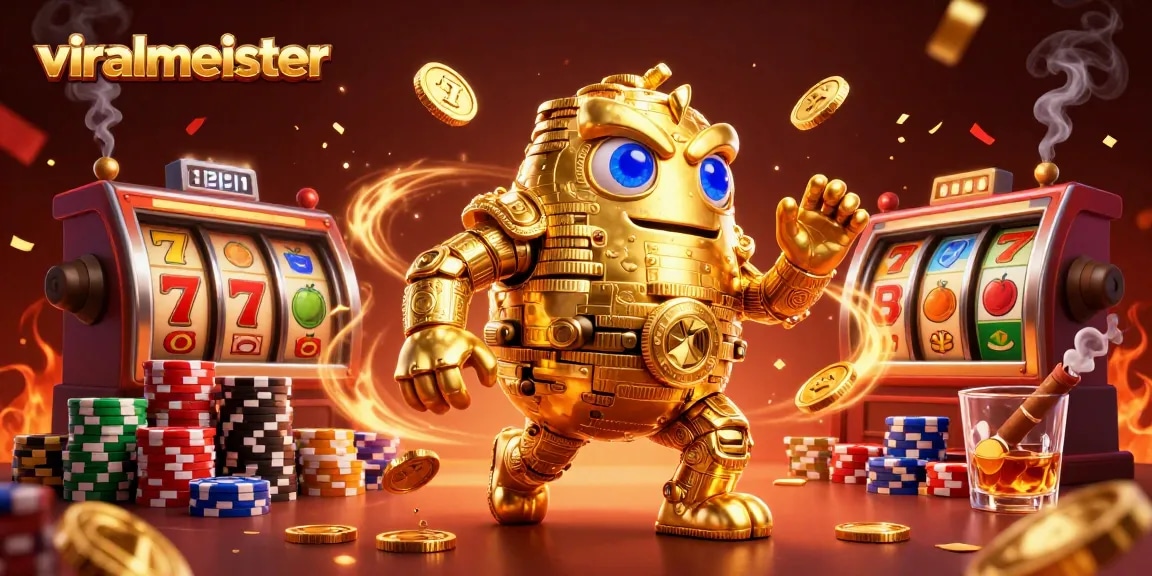 Experience the thrill at viralmeister with a golden golem in an exciting casino scene.