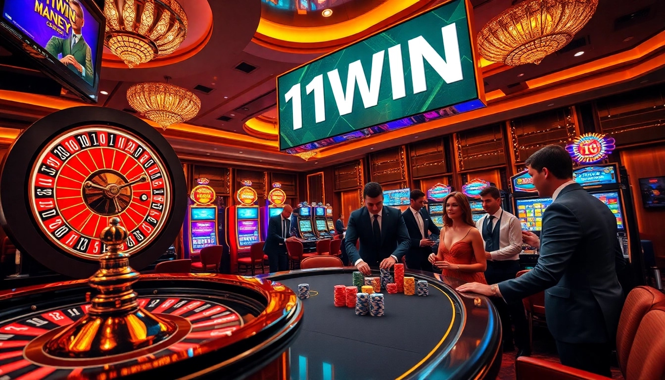 Engaged gamblers celebrating a win at a luxurious casino table showcasing 11WIN.