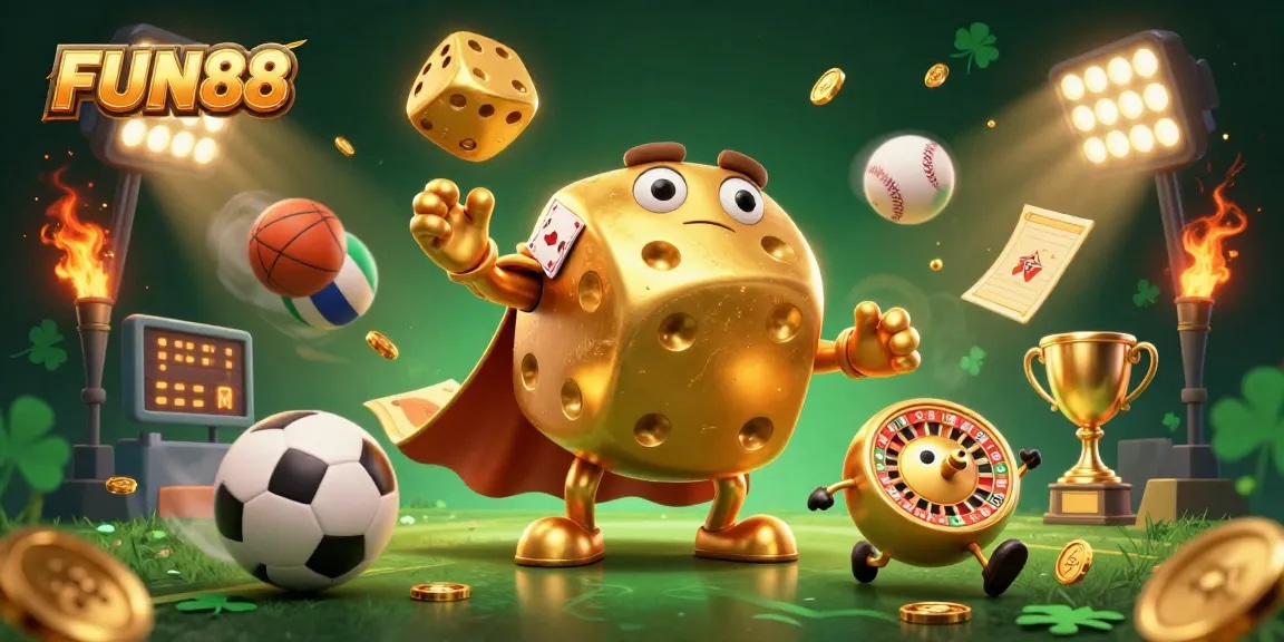 FUN88 engages players with a vibrant 3D casino world featuring golden dice and exciting games.