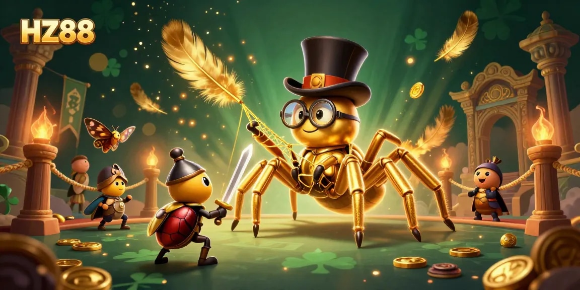 Experience thrilling gameplay at HZ88 with a golden tarantula and beetle knight in a vibrant casino scene.