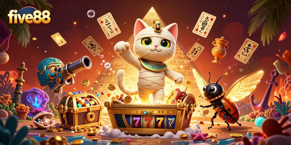 Engage with the five88 casino experience featuring an Egyptian mummy cat with vibrant animations.