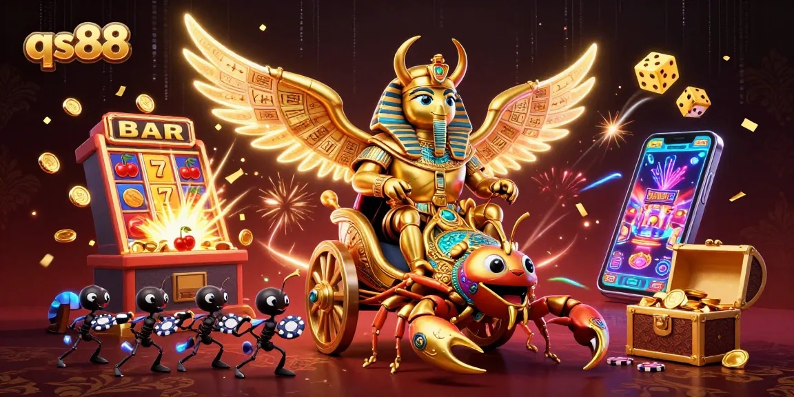 Spin to win at qs88 with a vibrant 3D casino scene showcasing exciting slot action.