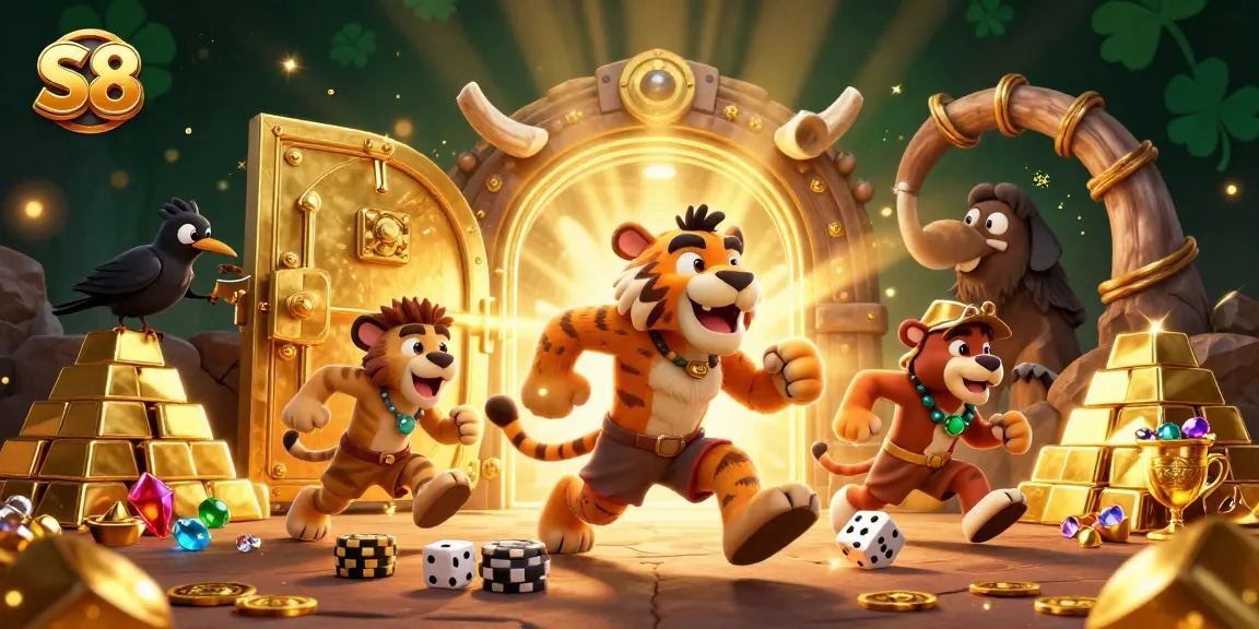 S8 players winning big at a prehistoric casino with golden treasures and vibrant game elements.