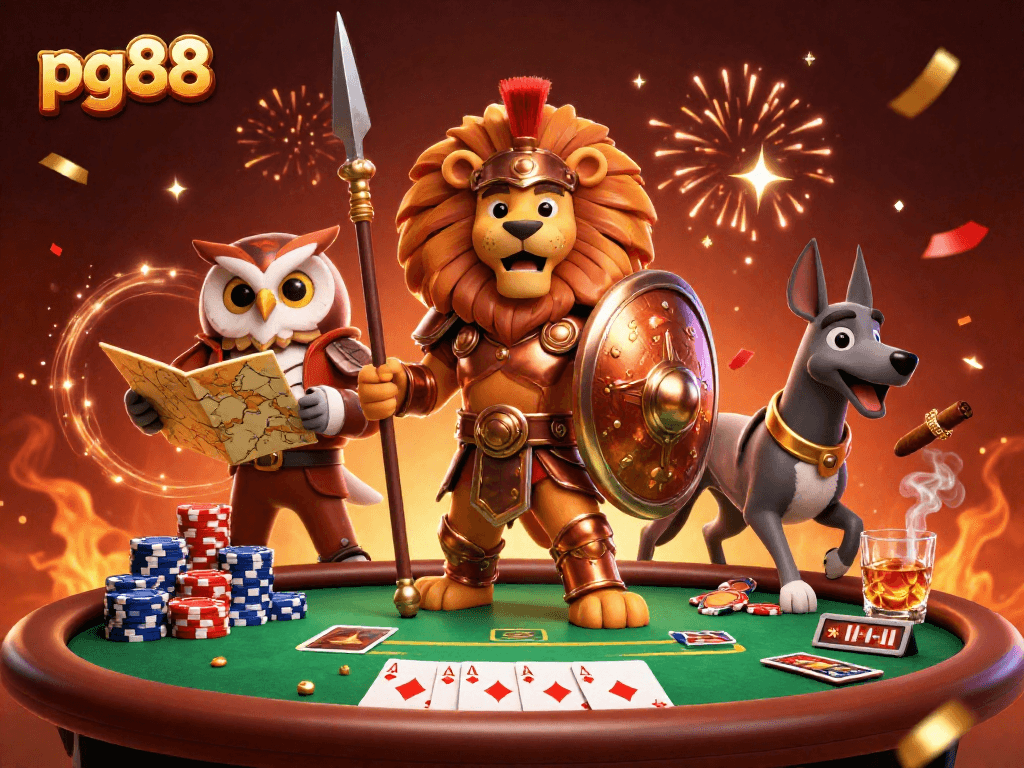 Experience the excitement of pg88 with a Spartan lion and poker elements, celebrating wins!