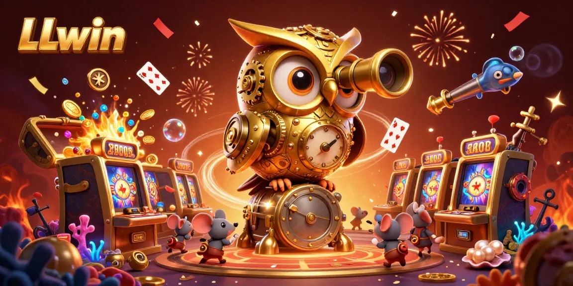 LLwin's golden owl watches over vibrant slot machines amidst sparkling treasures and gaming action.