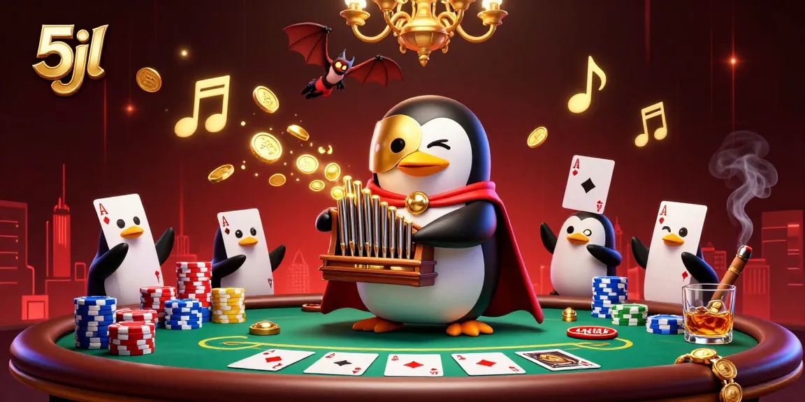 Engage with the thrilling casino action in 5jl as the phantom penguin plays the organ and coins cascade.