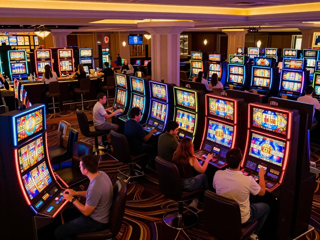 j188 players celebrating wins on colorful slot machines in a vibrant casino environment