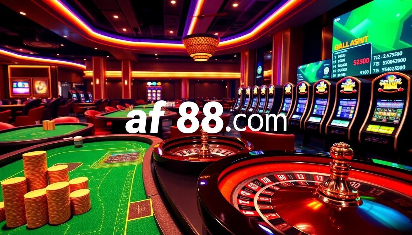 Play exciting games at af88.com, showcasing vibrant casino tables and spinning roulette wheels.