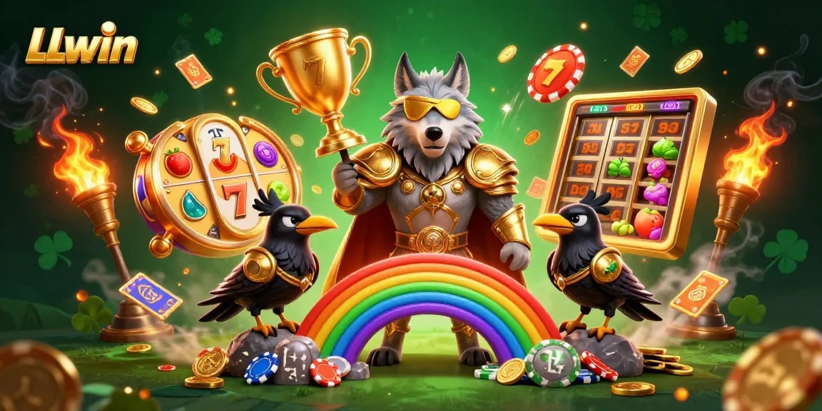 LLwin showcases thrilling gameplay with a glowing Odin wolf and ravens amidst vibrant casino slots and dynamic action.