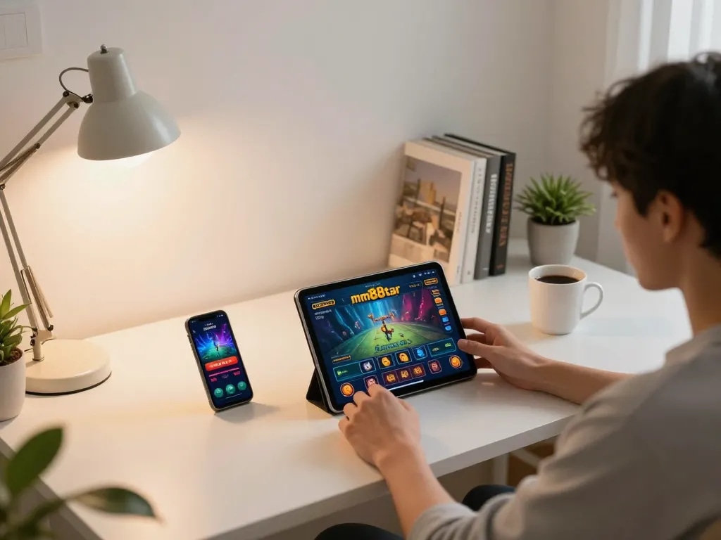 Person engaging with mm88star casino app on tablet while seated at a stylish desk with warm ambient lighting.