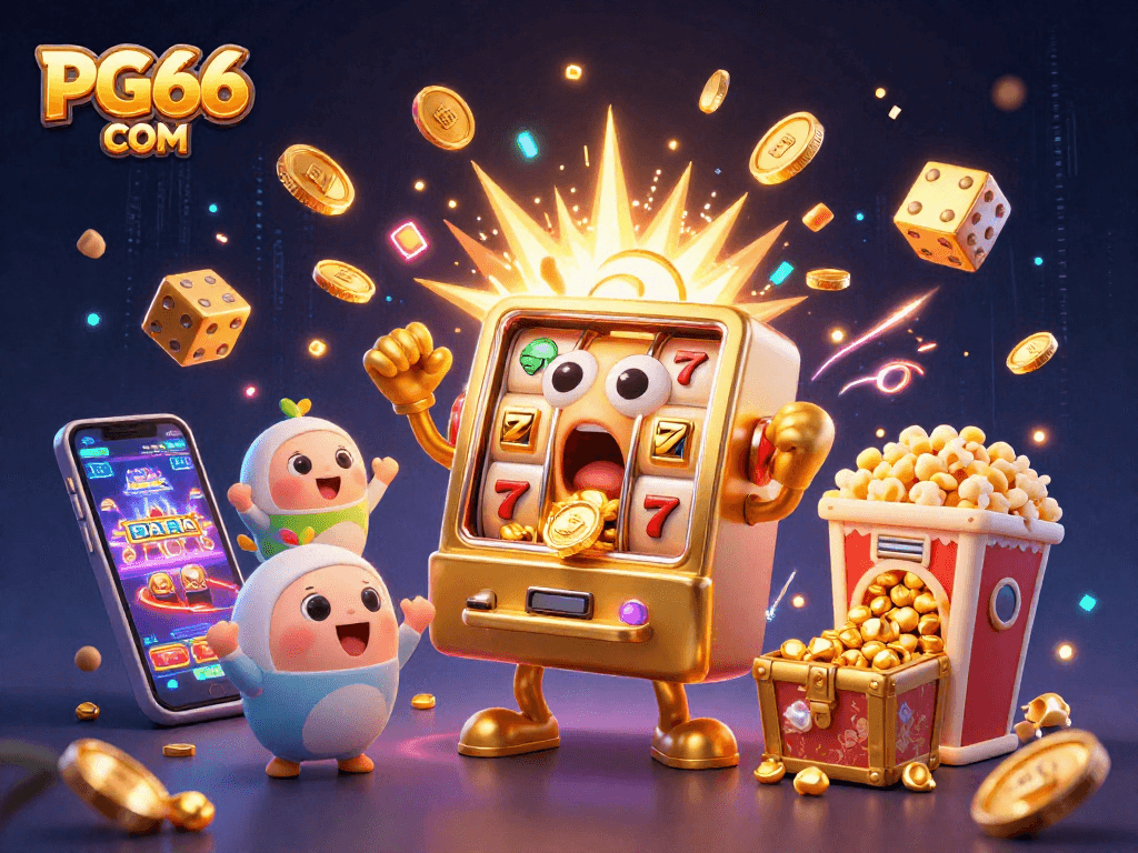 Enjoy the excitement of the PG66 COM jackpot with golden coins flying from slot machines in this vibrant casino illustration.