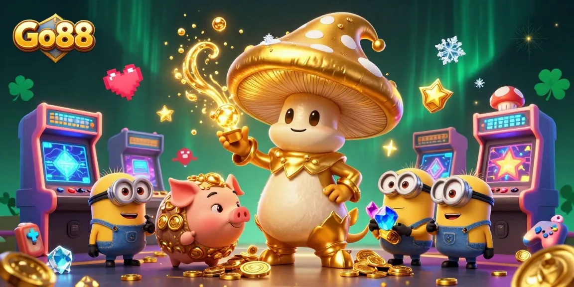 Experience the magic of Go88 with a golden wizard, treasure-tracking pig, and dazzling gems in this enchanting casino scene.