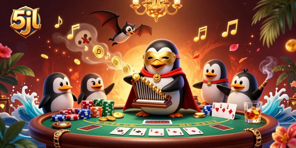 Engaging 5jl casino scene with animated penguins and vibrant poker elements.