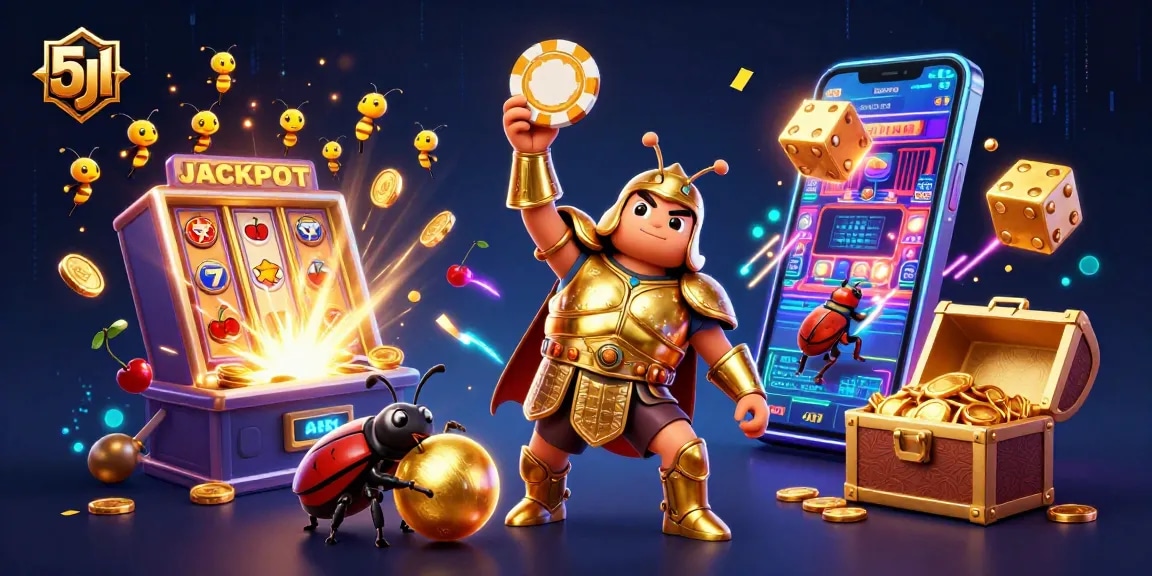 Engage with the 5jl jackpot scene of a victorious beetle in golden armor amidst colorful casino elements.