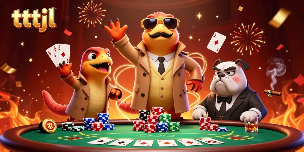 Engage in thrilling poker action with tttjl's dynamic casino illustration featuring playful raptors.