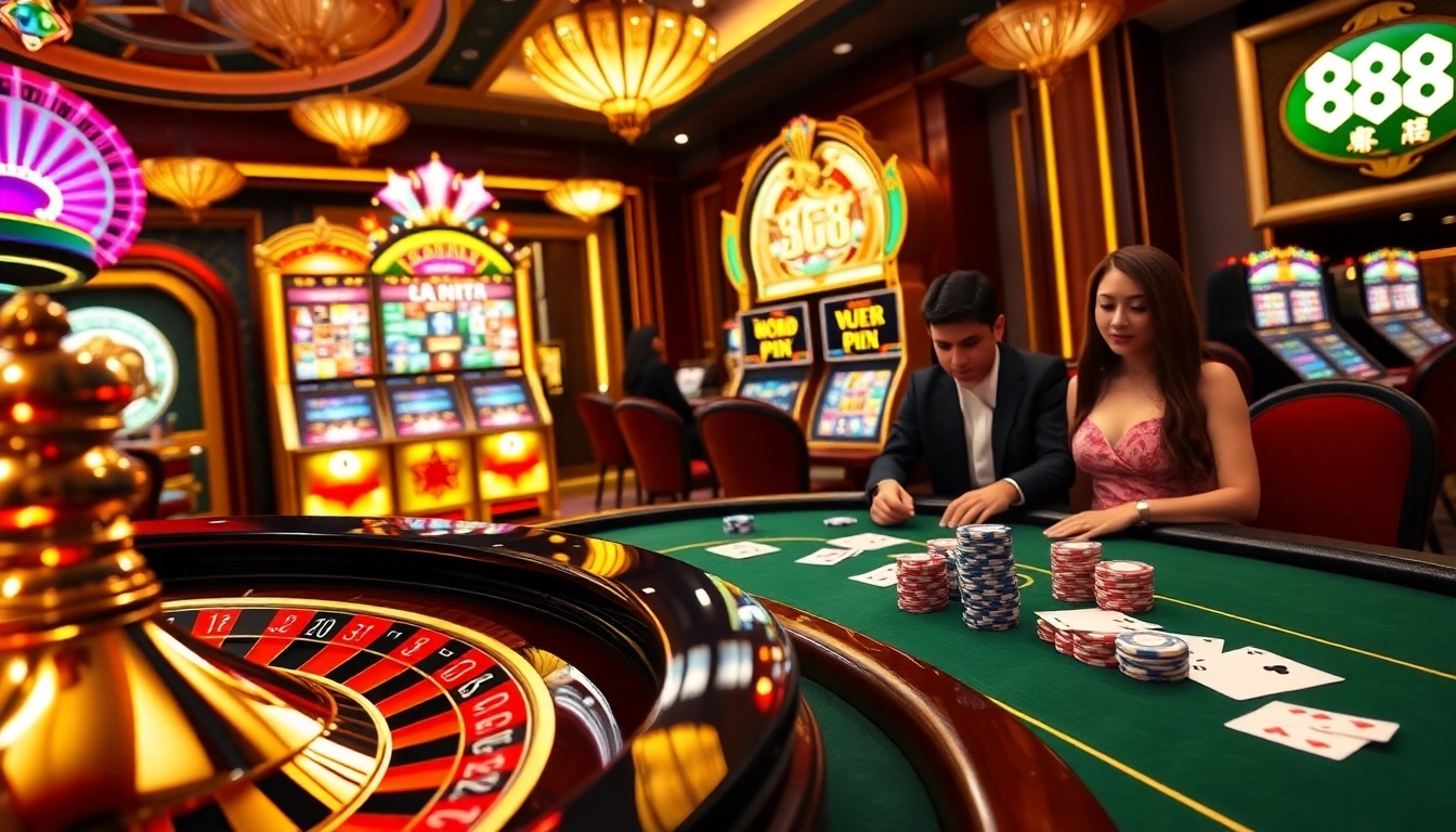 UU88 players enjoying a luxurious casino experience with a roulette wheel and poker table.
