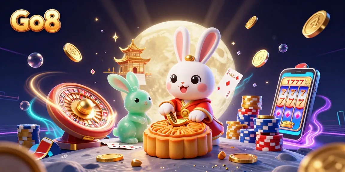 Experience the Go8 casino thrill with a moon rabbit and poker-filled moonlight.