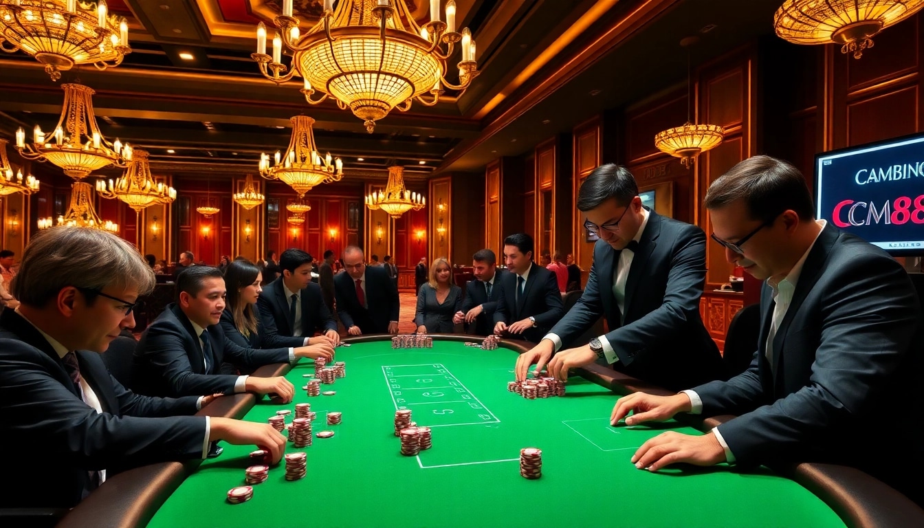 Players engaging in a thrilling poker game at CM88 casino, showcasing chips and cards.