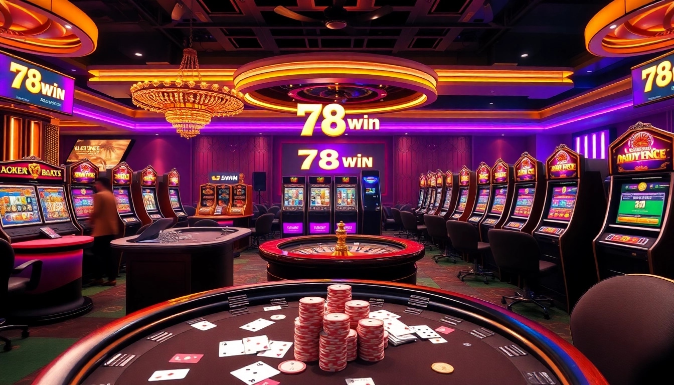 Enjoy thrilling gaming action at 78win 78k casino, featuring vibrant poker tables and exciting slot machines.