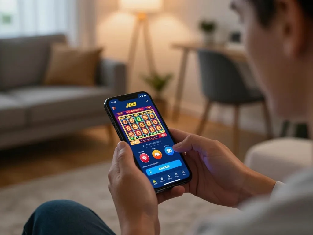 Engaging smartphone gaming with J188 app showcasing live dealer games in a cozy setting