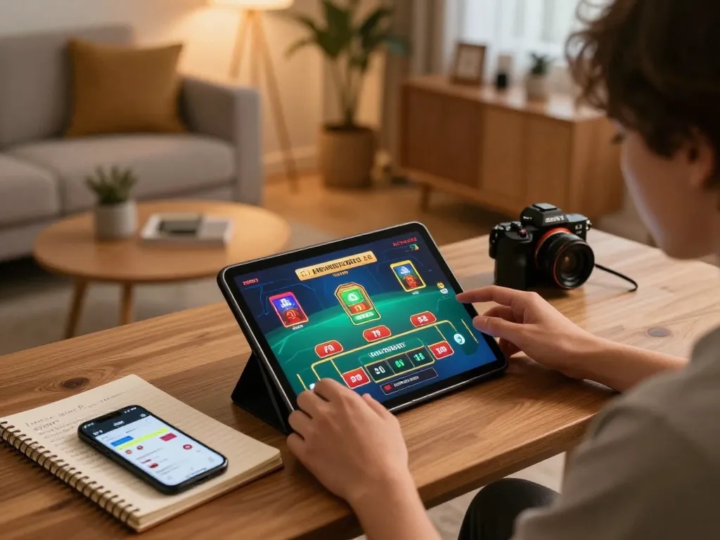Engaging online gambling session on https://kp8888.net/ with live dealer game displayed on tablet in cozy home atmosphere.