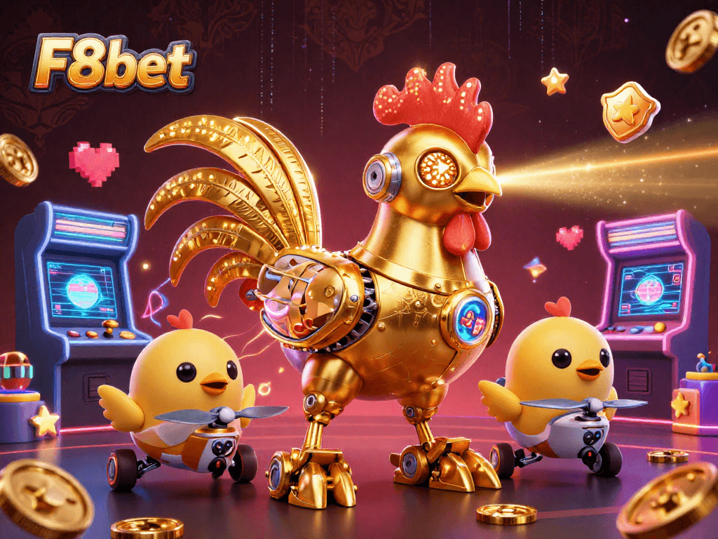 Engage with F8bet's thrilling gaming experience featuring a futuristic golden rooster and baby chick drones.