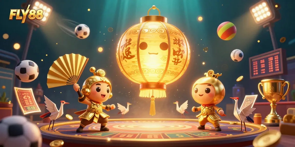 FLY88 captures players' excitement in a vibrant casino scene with glowing lanterns and dynamic sports elements.