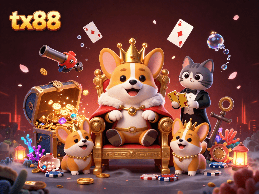 Engage with tx88, featuring a royal corgi on poker chips throne amidst gaming treasures and vibrant underwater scenes.