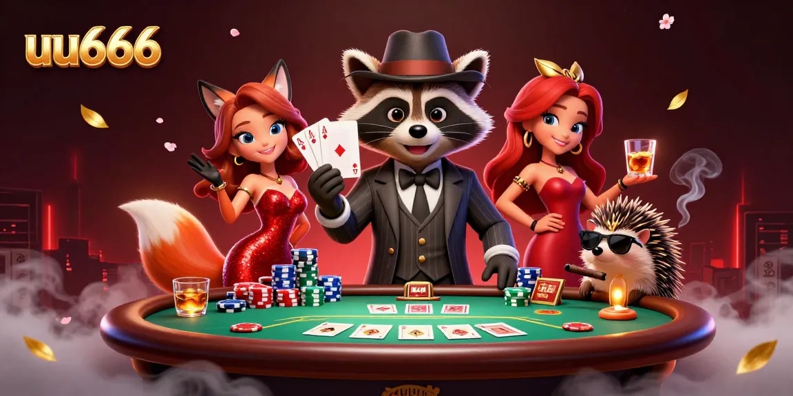 Engage with uu666's thrilling gaming experience featuring a raccoon and fox in a vibrant casino scene.