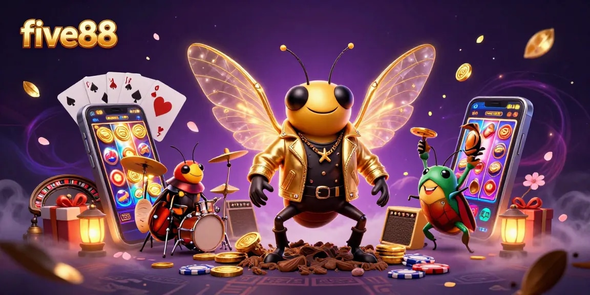 Engage in exciting gameplay at five88 with vibrant slot games and animated casino elements.