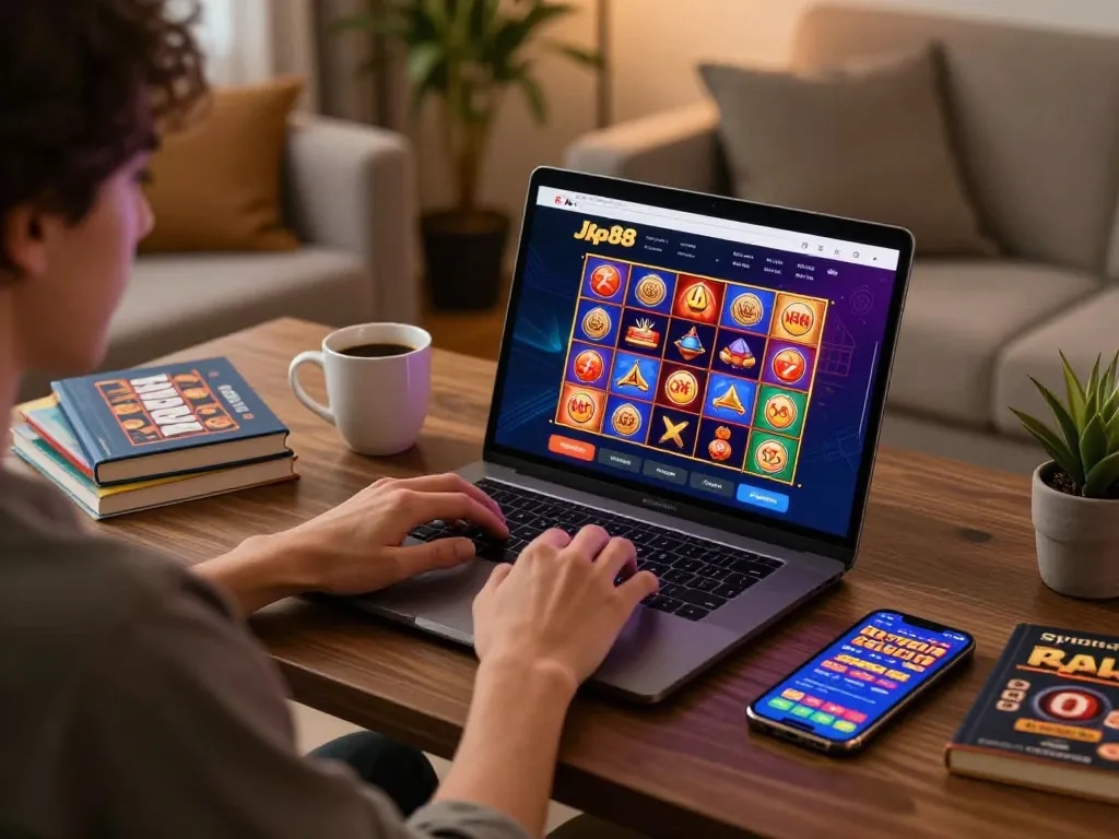 Engaging online gaming scene with jkp88 platform on laptop, showcasing responsible gambling.