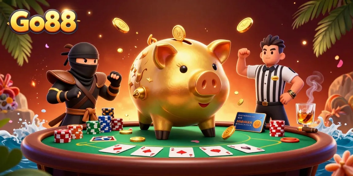 Go88 introduces a captivating scene with vibrant casino elements including a golden piggy bank and poker tables.