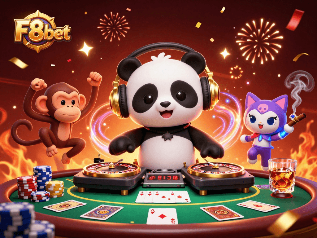 F8bet showcases a vibrant 3D scene with exciting casino elements, featuring a DJ panda and colorful action.
