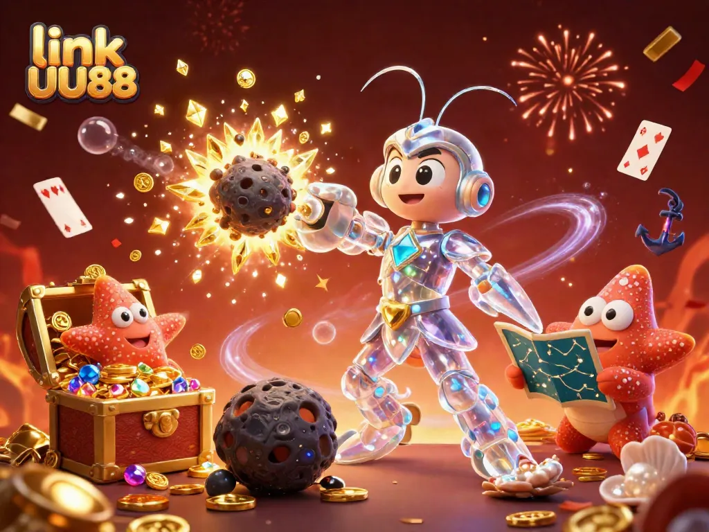 Engage with link UU88 in this vibrant illustration of a galactic mantis shrimp amidst a treasure explosion.
