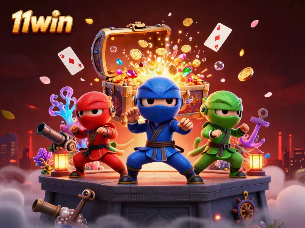 Experience excitement at 11win with 3D ninja chameleons performing casino-style moves in a vibrant, treasure-filled environment.