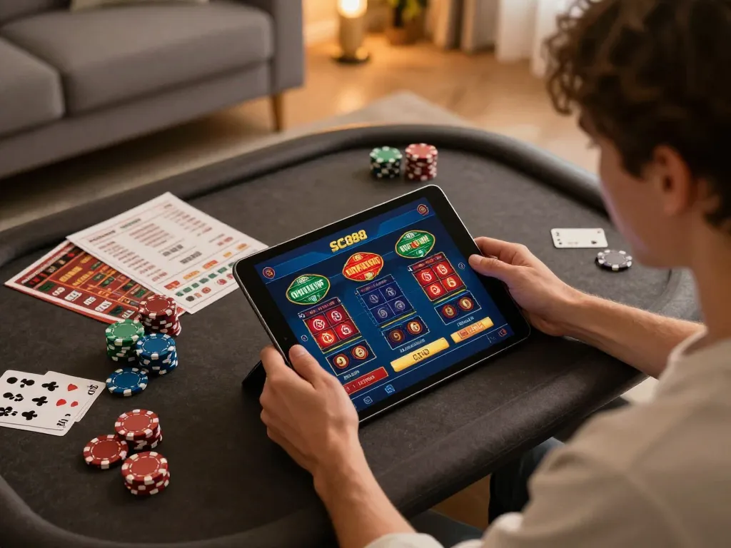 Engaged player exploring the SC888 online casino interface on a tablet in a cozy living room.