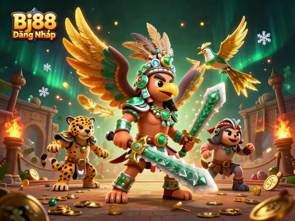 Experience the thrill of Bj88 Đăng Nhập with warriors and golden tokens in a 3D casino realm.