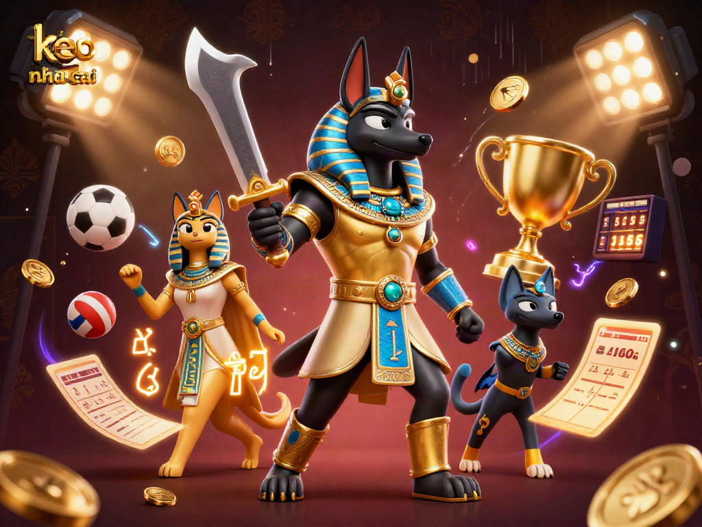 Bet on keo nha cai with Anubis and Bastet in an action-packed sports betting scene.