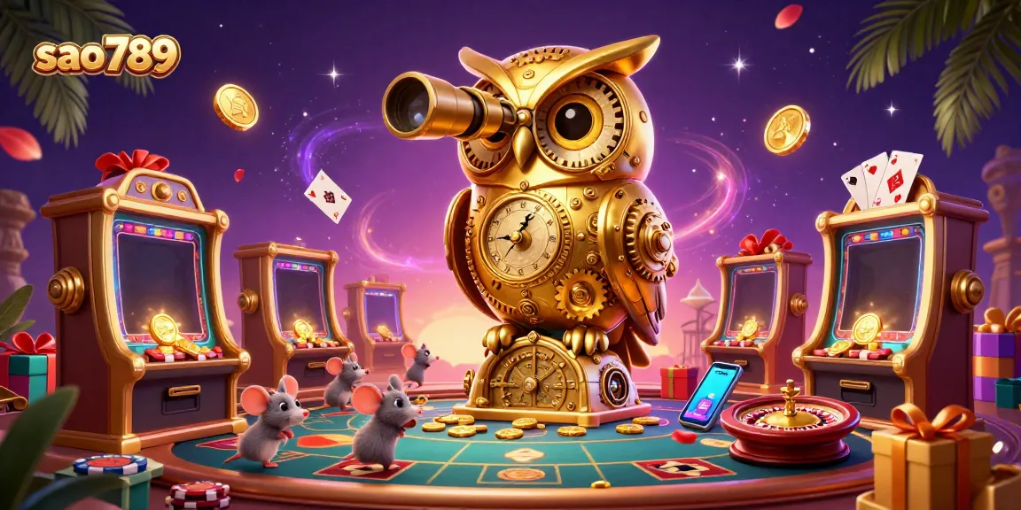Sao789's 3D illustrated casino scene showcasing golden owl and dynamic gaming elements in vibrant detail.