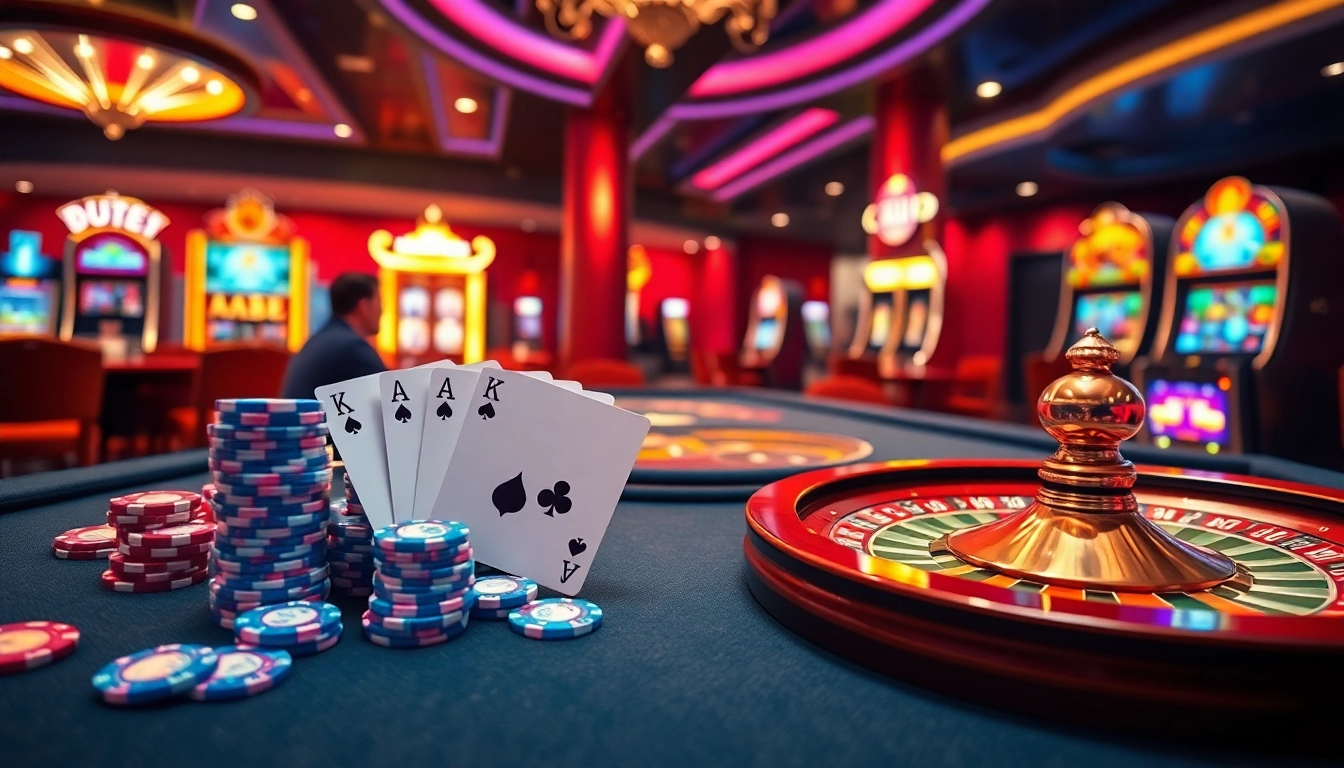 Players enjoying a vibrant casino experience featuring DU88 poker chips and cards.