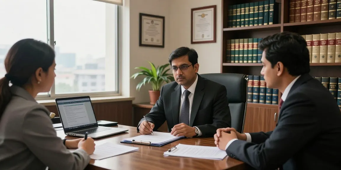 Client discussing full report with a criminal lawyer in Lucknow's law office.