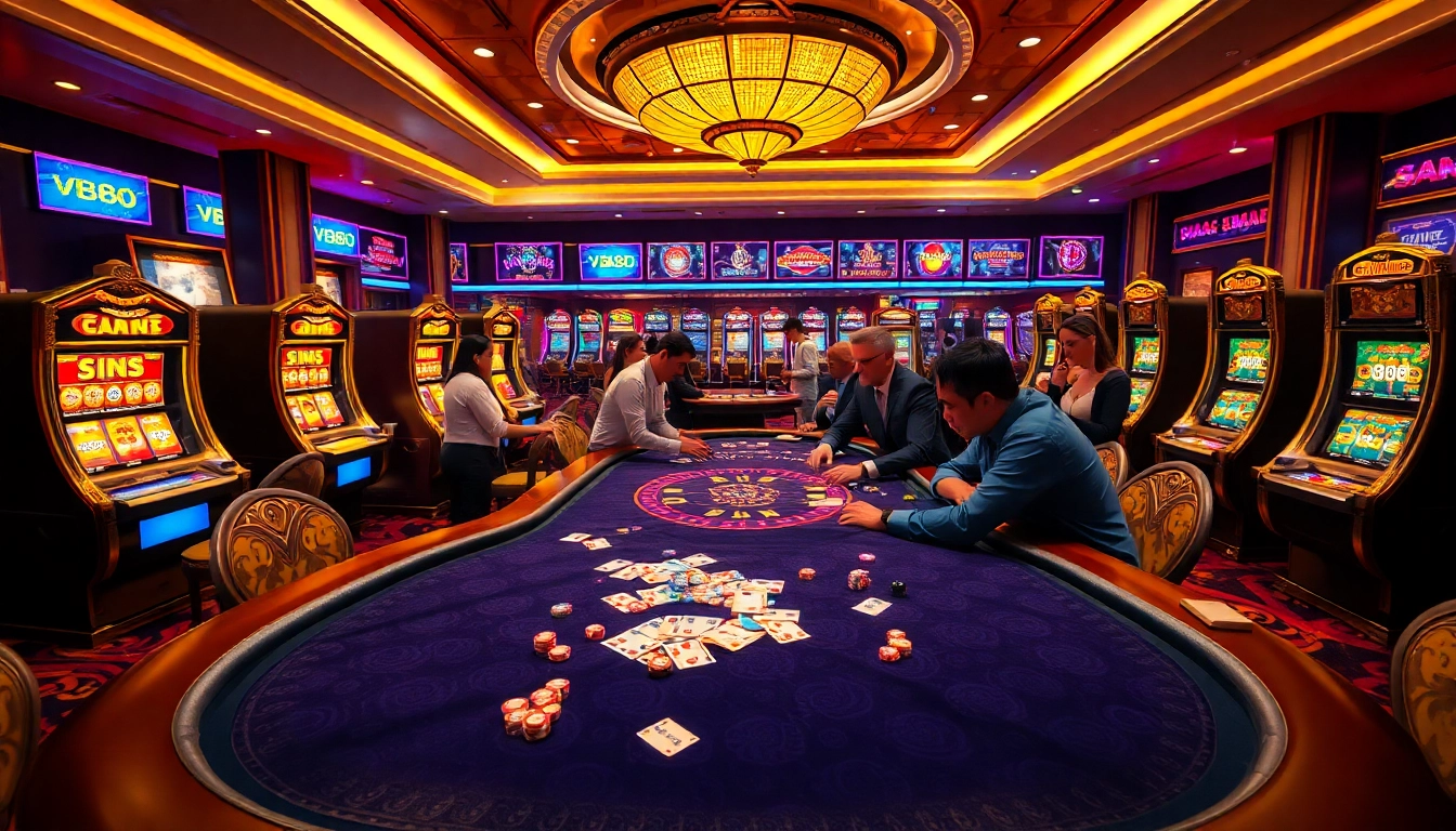 Experience the thrill of gambling with VB88 at an exciting poker table surrounded by vibrant casino action.