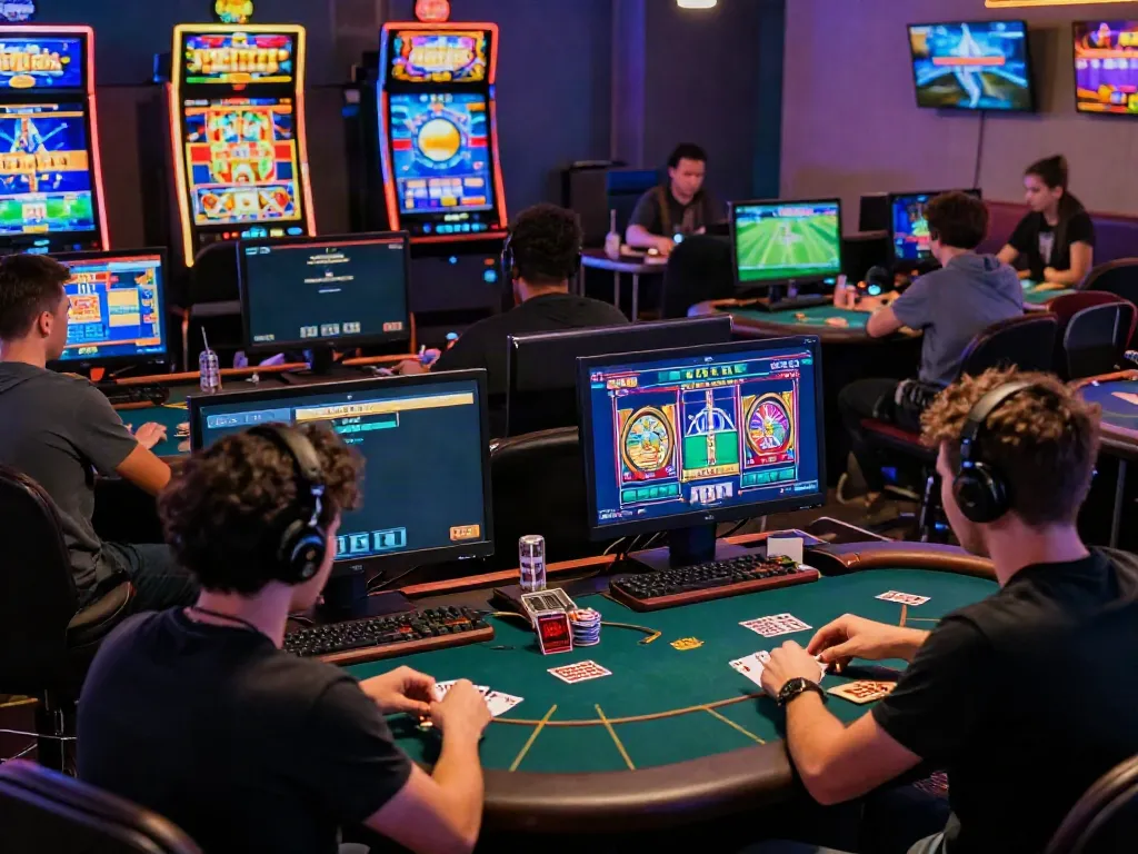 Players immersed in diverse gaming activities at NBET, showcasing sports, slots, and card games in a vibrant atmosphere.