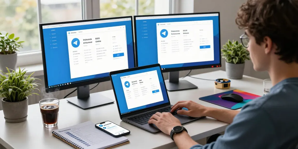 Configuring Telegram Chinese interface in a modern workspace setup with high-tech devices and notebooks.