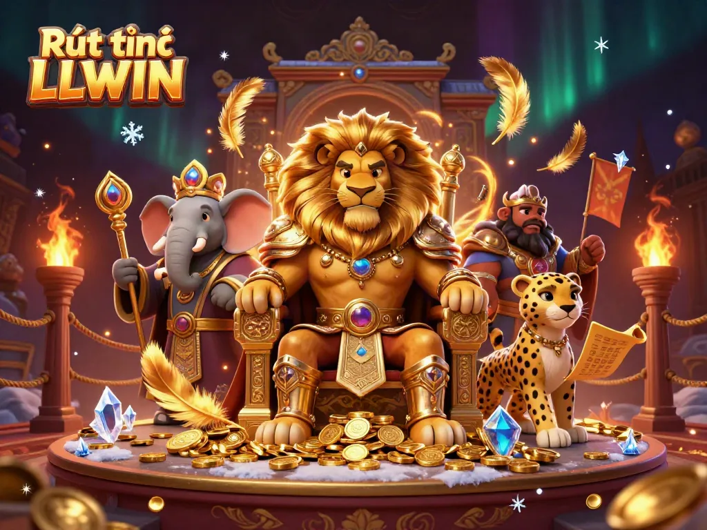 Engage in Rút tiền LLWIN with a majestic scene featuring a lion king amid a gold-rich casino atmosphere.