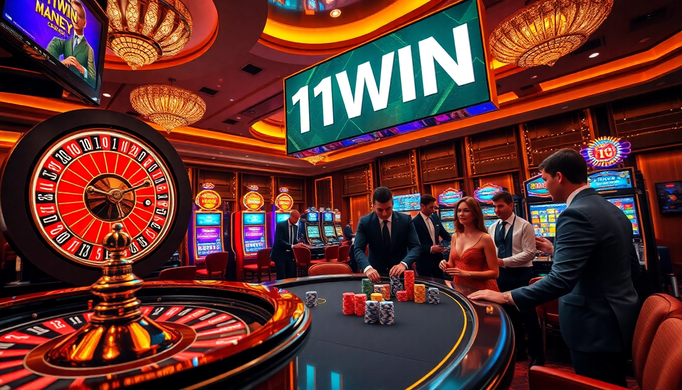 Engaged gamblers celebrating a win at a luxurious casino table showcasing 11WIN.