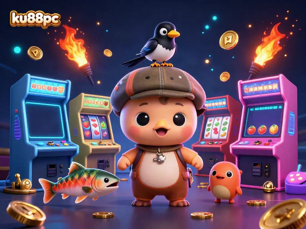 Experience exciting casino thrills with ku88pc featuring Nessie and a cheerful magpie in a fun 3D setting.