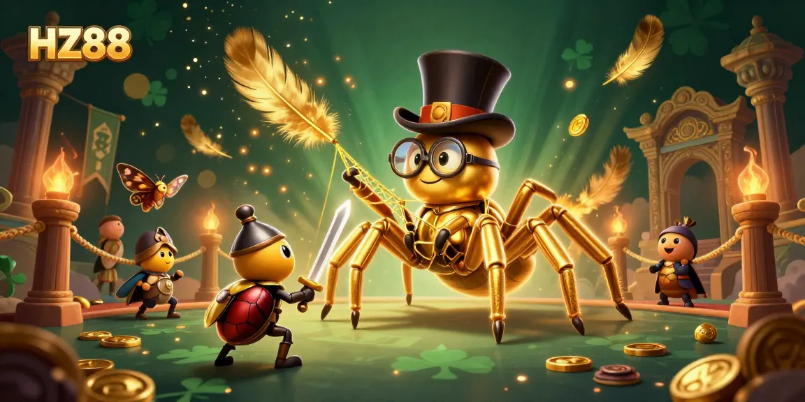 Experience thrilling gameplay at HZ88 with a golden tarantula and beetle knight in a vibrant casino scene.