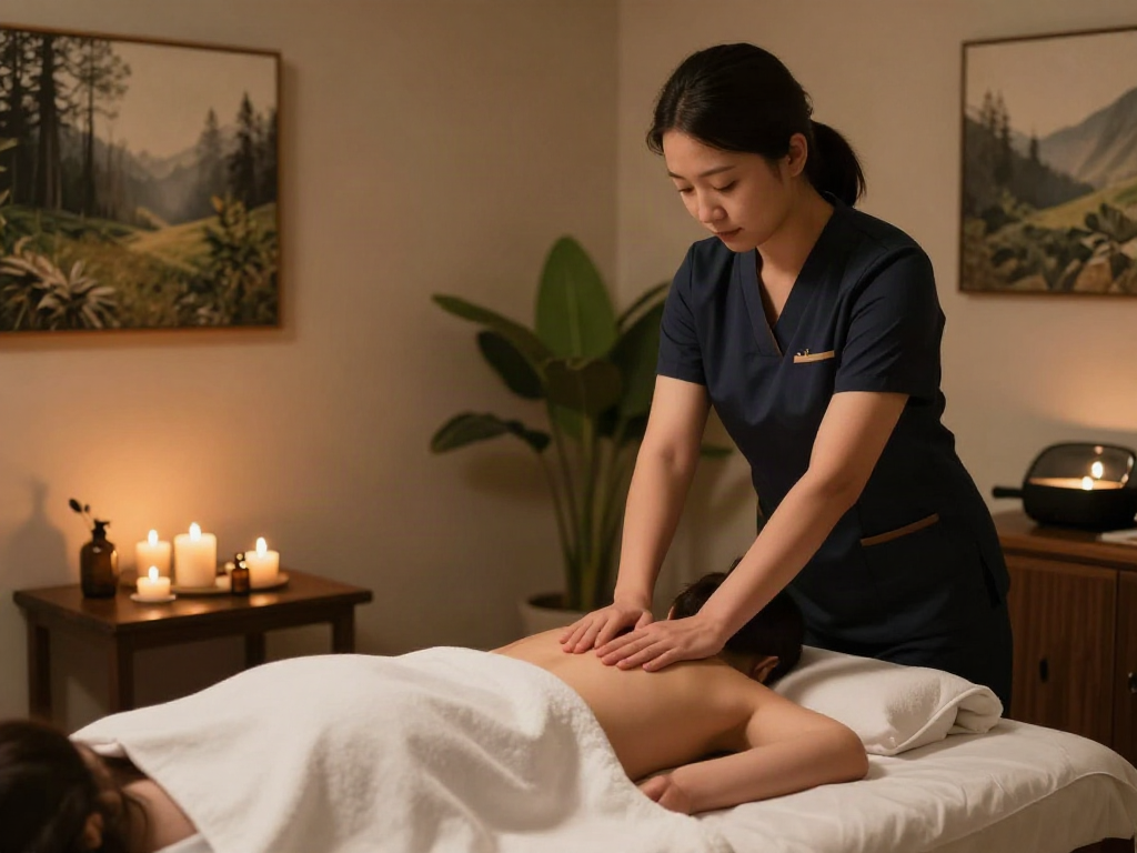 하남출장 massage therapy session in serene spa environment with candles and soothing music.